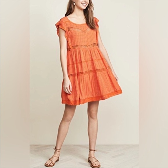 Free People Retro Kitty Crochet Boho Mini Dress Orange Floral Size S - Picture 1 of 10